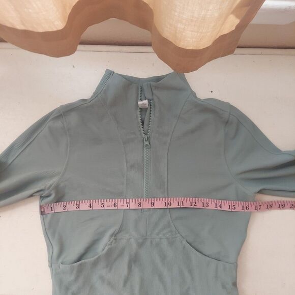 90 Degrees Reflex Green Ribbed Stretch Half Zip Cropped Long Sleeve Active Top M - Picture 6 of 9